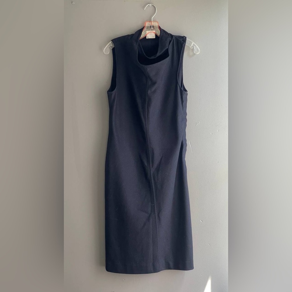 Susan Lazar Dress Cashmere Wool High Neck Midi Dress Sz 6 Navy Blue‎ High Neck